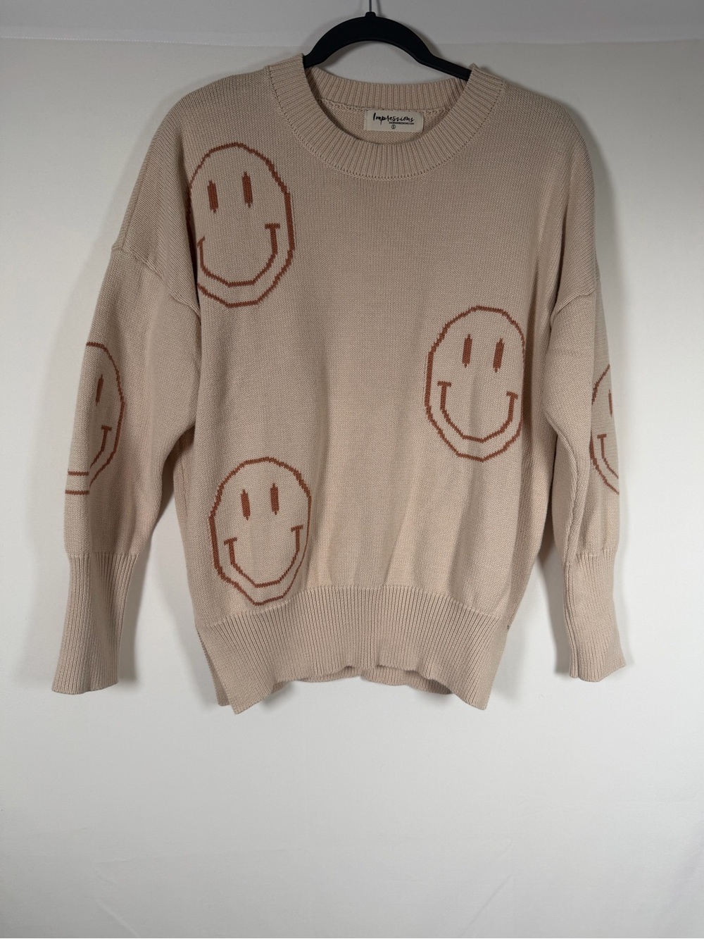 Impressions Beige Crewneck Sweater All Over Smiley Faces Novelty